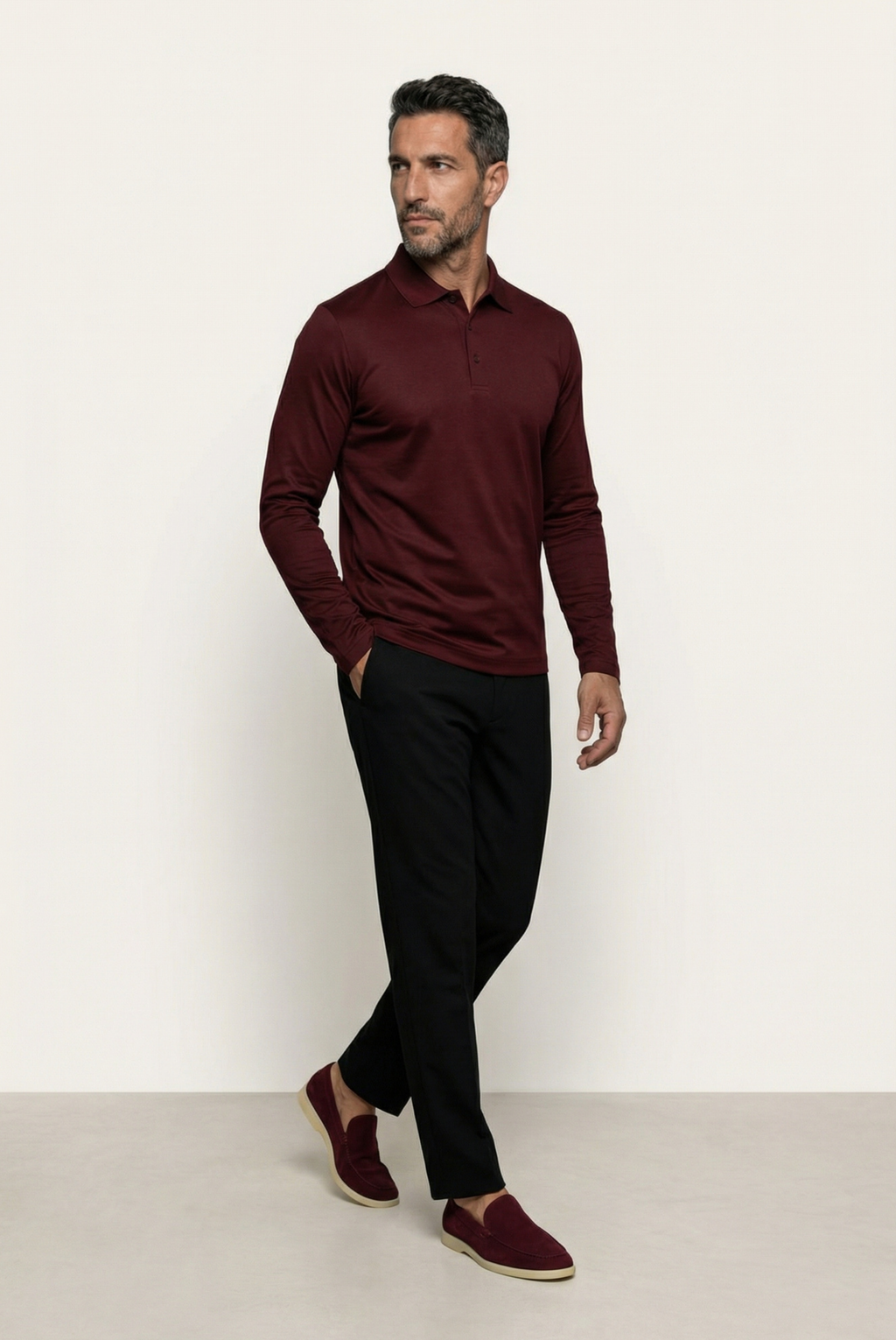 Velario Long-Sleeve Polo — Burgundy — detail and styling view
