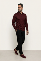 Velario Long-Sleeve Polo — Burgundy — detail and styling view