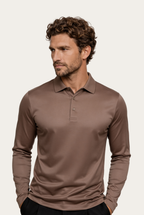 Velario Long-Sleeve Polo — Taupe — detail and styling view