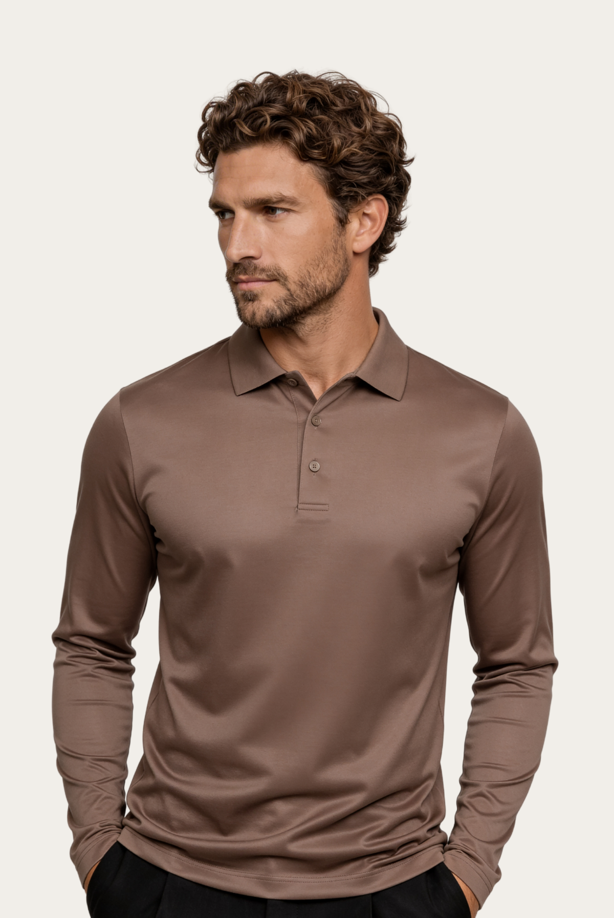 Velario Long-Sleeve Polo — Taupe — detail and styling view