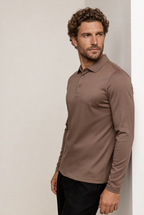 Velario Long-Sleeve Polo — Taupe — detail and styling view