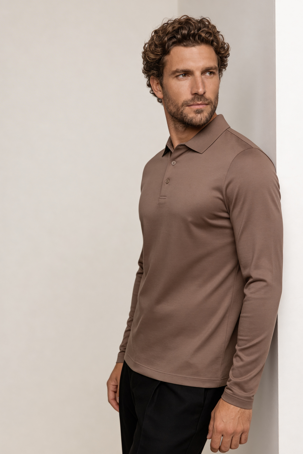 Velario Long-Sleeve Polo — Taupe — detail and styling view