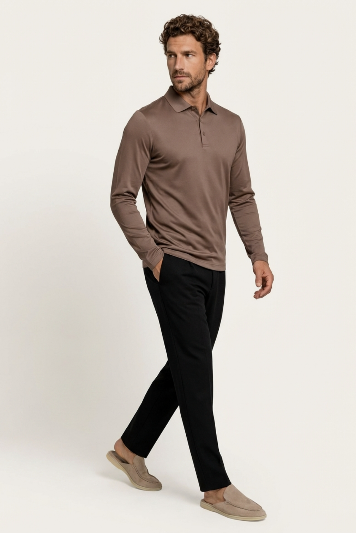 Velario Long-Sleeve Polo — Taupe — detail and styling view