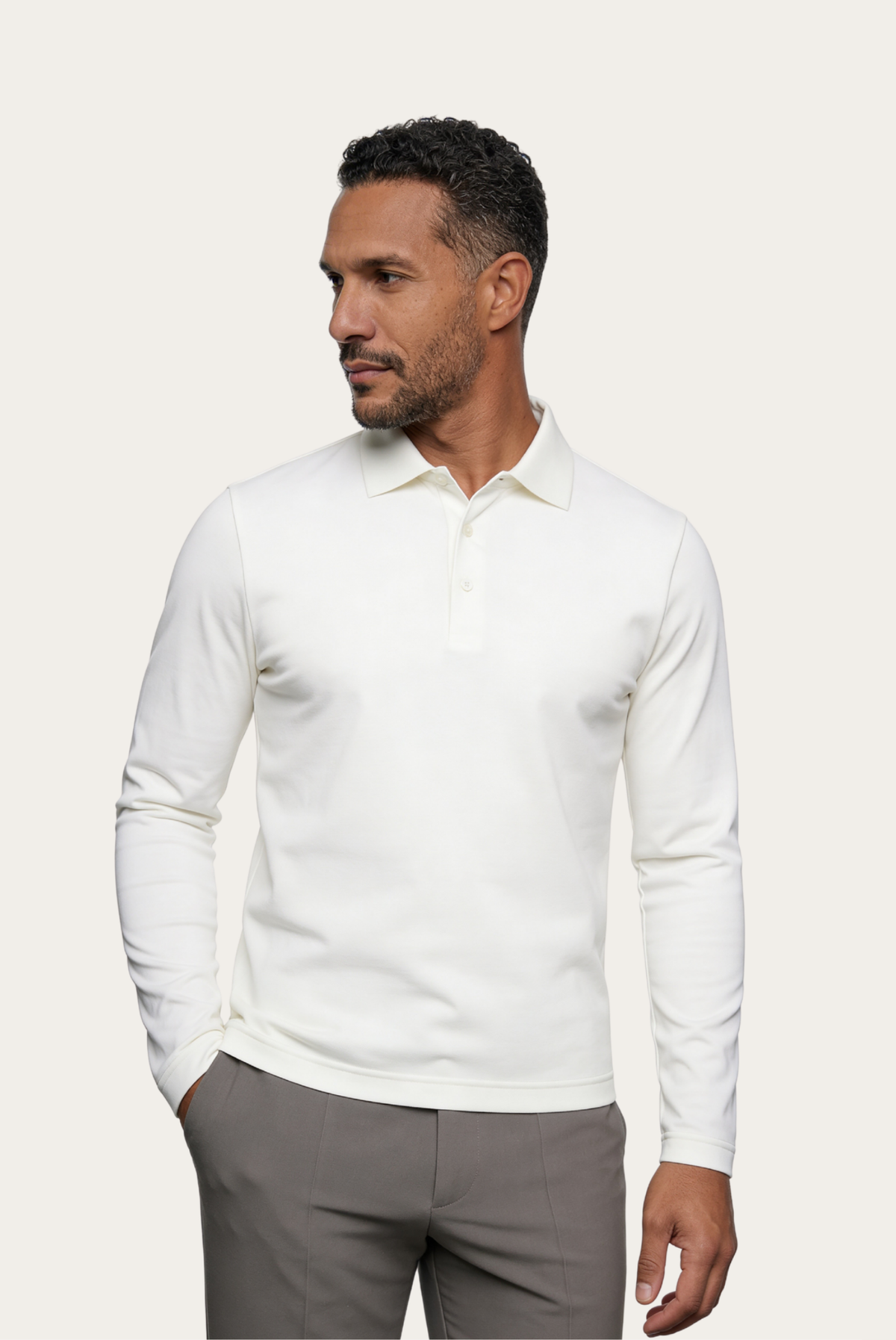 Velario Long-Sleeve Polo — White — detail and styling view