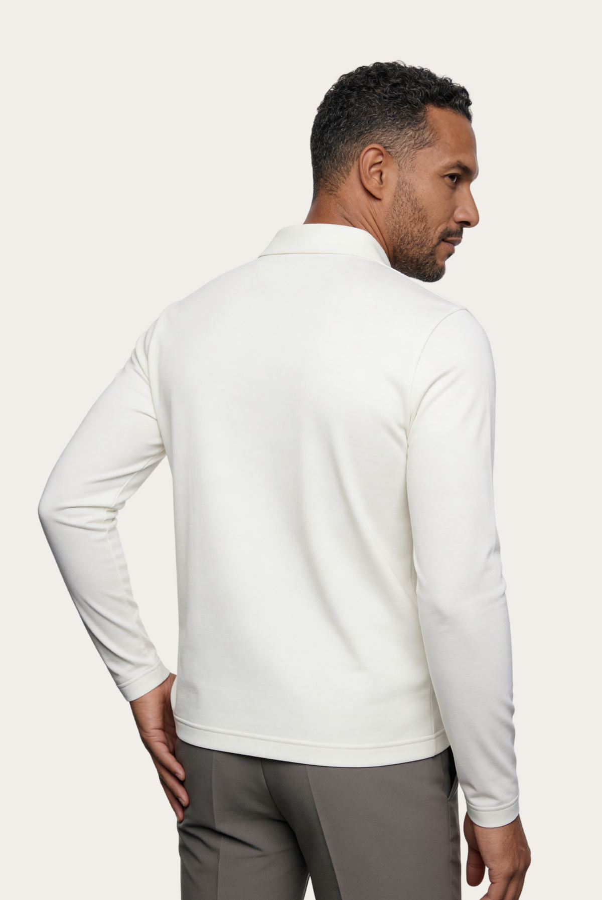 Velario Long-Sleeve Polo — White — detail and styling view