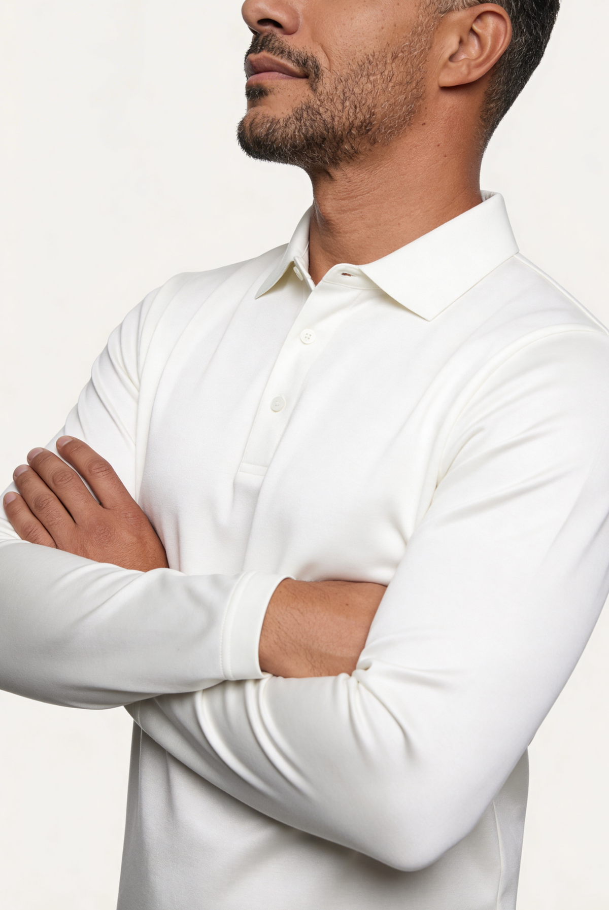 Velario Long-Sleeve Polo — White — detail and styling view