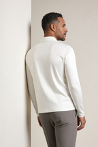 Velario Long-Sleeve Polo — White — detail and styling view
