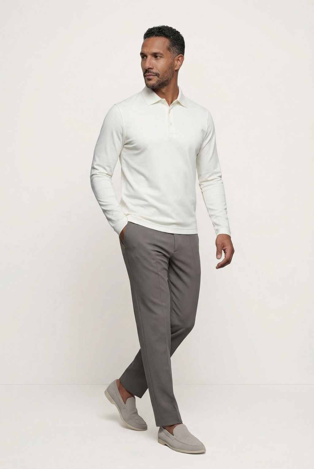 Velario Long-Sleeve Polo — White — detail and styling view