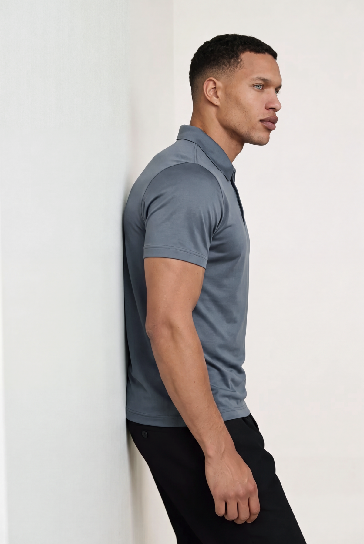 Velario Polo — Slate Blue — detail and styling view